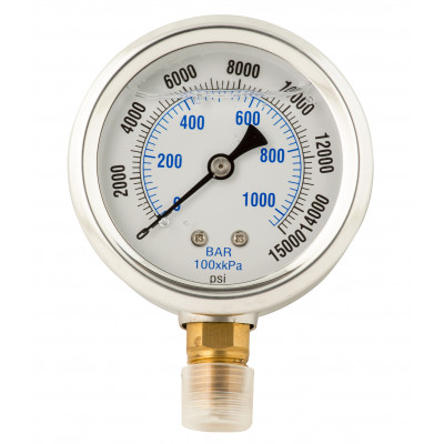 BVA Hydraulic Pressure Gauge, GW2514, Bottom connection stem mounted, 1/4"-18NPTF thread, 2-1/2" dia. face, glycerin filled. Maximum working pressure: 15,000 PSI (1,034 BAR)